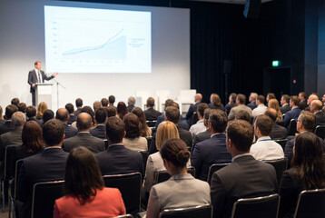 Rear view of audience listening to speaker at a business conference