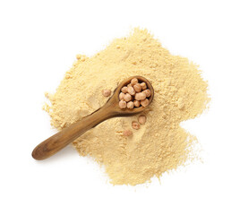 Wooden spoon with beans and chickpea flour on white background