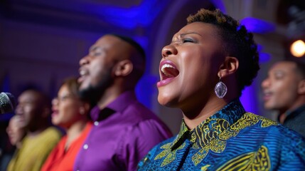 Fototapeta premium choir performance, a vibrant gospel choir joyfully performs on stage in a historic church, exuding warmth and energy with their colorful robes