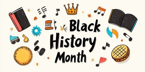 black history month art, a lively flat cartoon showcases cultural icons symbolizing achievement a book, music note, drum, and crown black history month in bold sans-serif font stands out against