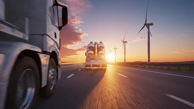 Hydrogen fuel truck driving on highway at sunset with wind turbine