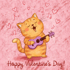 A joyful hand-drawn illustration of a smiling cat playing a ukulele and singing for Valentine&rsquo;s Day greeting cards, festive prints, nursery decor, gifts, and children&rsquo;s designs.