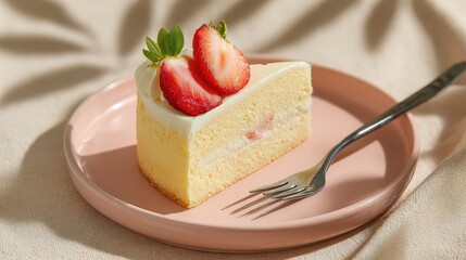 Slice Of Vanilla Layer Cake Topped With Strawberries And Mint Sprig On Pink Plate With Silver Fork In Sunny Room