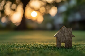 Small Wooden House Model Standing on Green Grass Field Against Blurred Golden Sunset Glowing Among Tree Branches During Serene Summer Afternoon