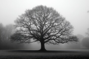 Solitary Bare Tree Silhouette in Dense Morning Fog on Overcast Grassy Landscape with Soft Light