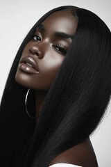 Dark-Skinned Woman with Long Straight Hair and Glossy Skin