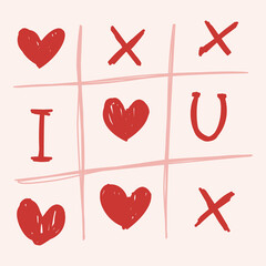 A cute tic tac toe illustration using hearts and love symbols in a Valentine theme. Ideal for playful romantic designs, cards, and wall art.