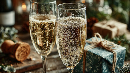 Two flutes of sparkling champagne on a festive table with presents and decorations.