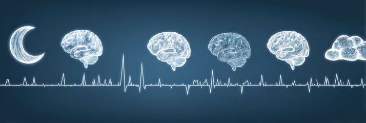 Artistic Representation of Brain Activity During Different Sleep Stages Against a Blue Background With Heartbeat Line