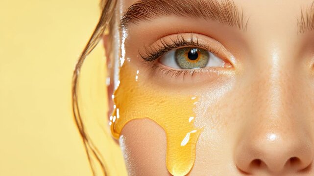 Glowing Radiance: A close-up portrait captures the beauty of fresh skin, with a golden liquid delicately adorning the face, creating an intriguing visual narrative of freshness and beauty.