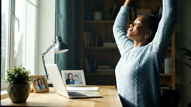 Joyful African American woman stretching at her home office desk, taking a refreshing break to promote well-being and re-energize amidst a busy workday, embracing self-care for balance