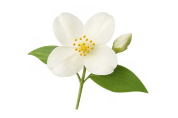 White jasmine flower and bud with green leaves
