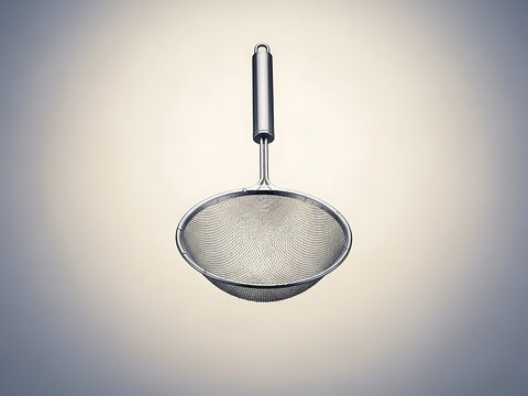 Isolated stainless steel colander with handle on a gradient background