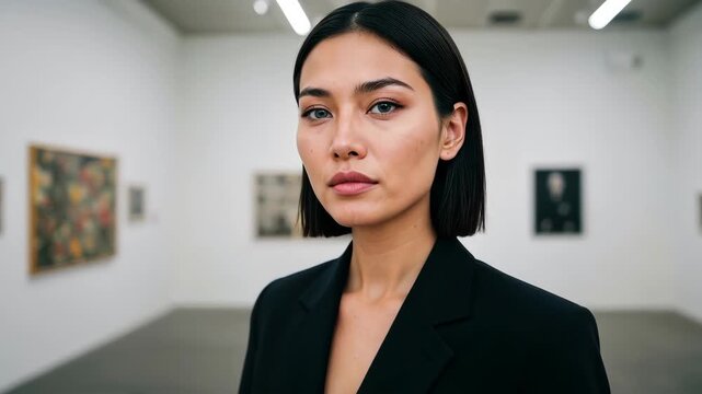 Woman in Gallery: A poised woman, bathed in soft gallery lighting, embodies elegance as she poses confidently amidst art pieces. Capturing a moment of artistic appreciation and human contemplation.