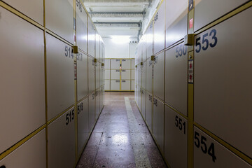 Rows of lockers in luggage storage room in the station