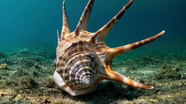 Exotic Seashell: Witness the intricate details of a rare seashell resting peacefully on the seabed. This image offers a glimpse into the underwater world and the wonders of marine life.