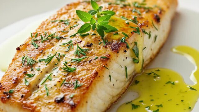 Exquisite Culinary Fish Dish: An impeccably cooked fish fillet, glistening with herbs and vibrant oil, poised on a plate, is a testament to the art of cuisine and the allure of flavors.
