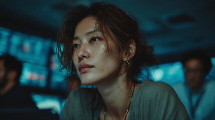 Focused Woman in Control Room Analyzing Digital Data Streams