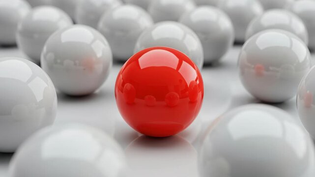 Stand Out Sphere: A vibrant red sphere stands out amidst a sea of subdued, white spheres. Illustrating the concept of difference, individuality, and uniqueness.