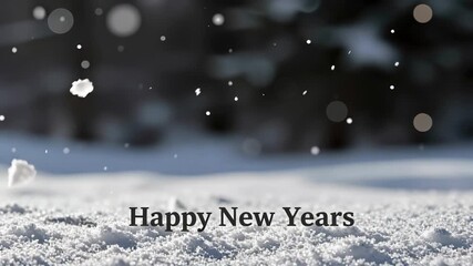 Serene Winter Scene: Snowflakes Falling on Ground with Warm Bokeh Lights and Happy New Years Text Overlay