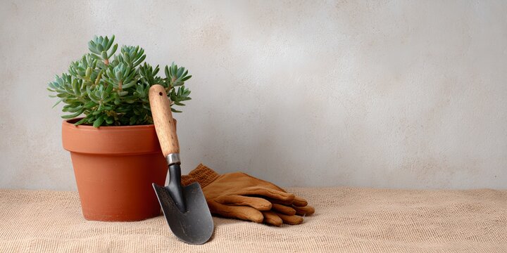 Potted plant sits on a table next to a trowel and gardening gloves