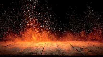 Wooden Surface with Glowing Sparks and Orange Hues Against Black Background Illuminated Table with Flying Glitter Dust Particles