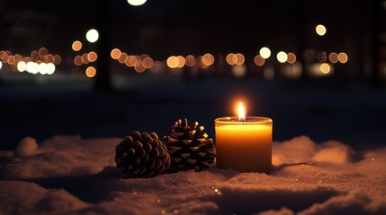 Burning Candle and Pine Cones on Snowy Ground at Night with Bokeh Lights