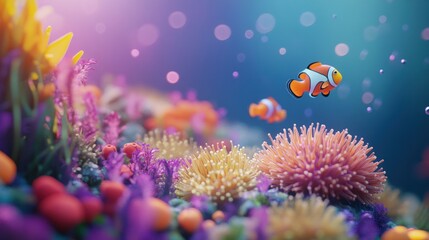 A vibrant underwater scene showcases colorful coral reefs and playful clownfish swimming amidst a backdrop of shimmering bubbles and soft