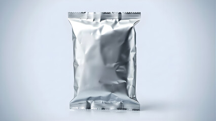 Shiny silver foil pouch isolated on white background