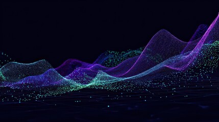 Abstract Digital Landscape with Glowing Particles in Teal Purple and Pink on Dark Background for Technology Data and Futuristic Theme
