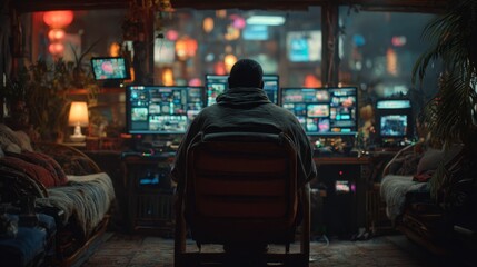 Person Working at a Digital Workspace with Multiple Screens