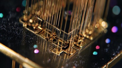 Close-up View of a Quantum Computer Chip With Intricate Gold Connections and Microstructures in a Dimly Lit Environment