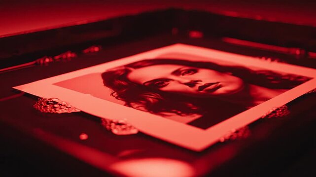 Developing a Photograph in a Darkroom with Red Light.
