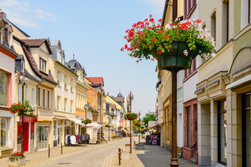 Fototapeta premium View of old town with buildings and flowers