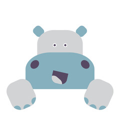 Cute flat vector illustration of a smiling hippopotamus in pastel colors, simple shapes, cartoon animal for kids design.