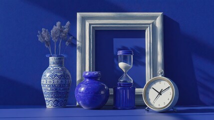 Blue Still Life with Hourglass Clock and Vases in Ornate Frame on Textured Wall in Studio Lighting