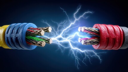 Close Up of Blue and Red Electrical Cables Sparking with Current Connection on Dark Blue Background Electric Power Energy Transmission