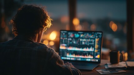 Man Analyzing Data on Laptop at Evening with Blurred Background