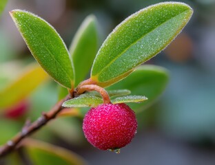 Close up Shot of a Red Berry and Green Leaves Covered with Frost in a Macro View Nature Winter Plant Details