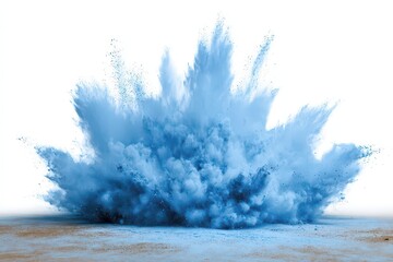 Dramatic Explosion of Vibrant Blue Powder on Light Ground Surface in Dynamic Shot with White Background Studio Lighting