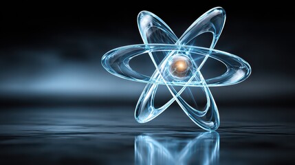 Detailed View of Abstract Atom Model with Golden Center Particle on Reflective Dark Blue Surface Under Dramatic Lighting with Blurred Background