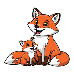 Fototapeta premium Fox mother and baby sitting together in happy cartoon style with orange and white fur natural family animal illustration 