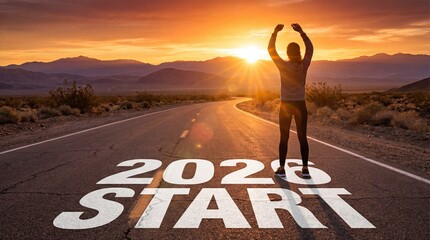 Woman embracing 2020 start on desert road at sunset
