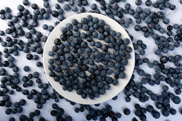 Top view of a plate with fresh blueberries and others scattered around.
