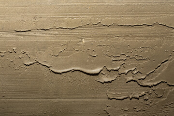 A raw, damp cement or plaster surface shows pronounced trowel marks and an uneven, textured finish, ideal for construction or renovation