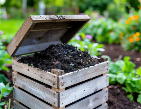 Composting bin in a backyard garden, with rich compost visible.