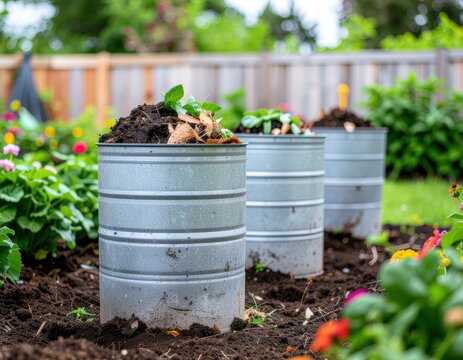 Composting Bins in a Lush Backyard Garden