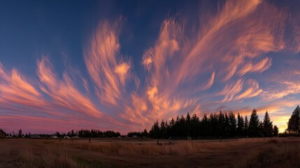 Dramatic Sunset Sky with Vibrant Orange Streaking Clouds Over Open Field and Trees in Landscape Panorama