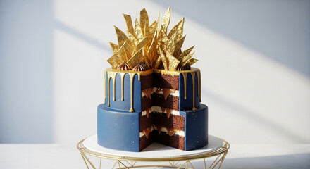 A hyper-realistic, high-resolution studio photograph of a luxurious two-tier drip cake with a slice removed to show the interior. 