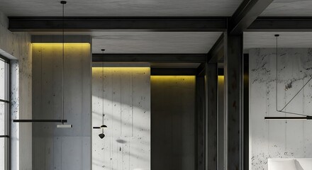 Minimalist industrial interior with concrete walls and modern lighting design